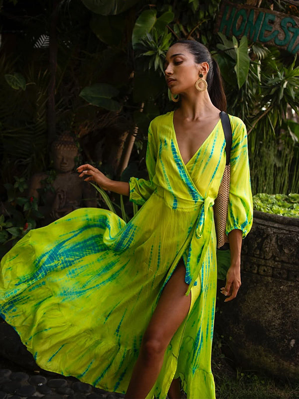 Silk Billowy Sleeve Midi Wrap Dress - Chartreuse Emerald
