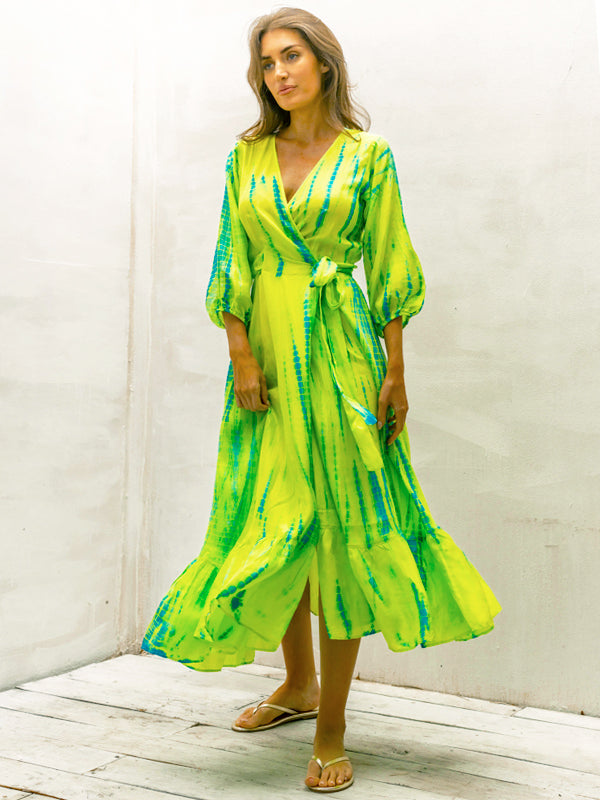 Silk Billowy Sleeve Midi Wrap Dress - Chartreuse Emerald