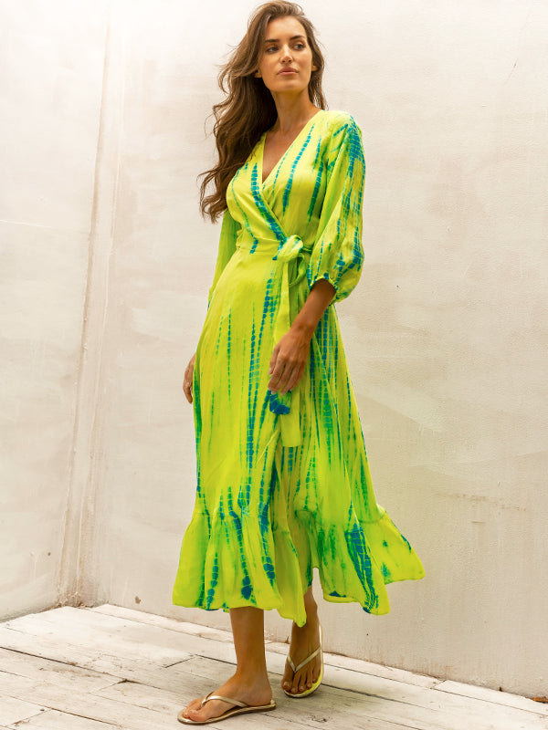 Silk Billowy Sleeve Midi Wrap Dress - Chartreuse Emerald