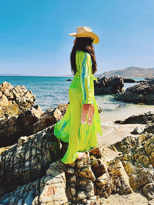 Anna Kosturova | Silk Long Sleeve Wrap Dress Chartreuse Emerald| Tie Dye -  annakosturova