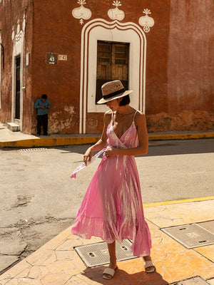 Tia Silk Wrap Midi Dress - Pink White