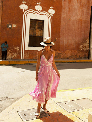 Tia Silk Wrap Midi Dress - Pink White