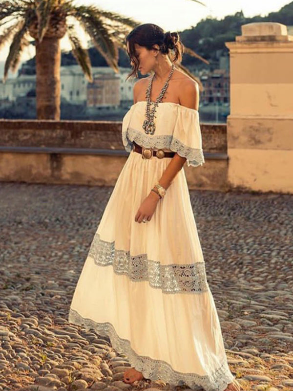 Anna Kosturova handmade crochet a-line maxi dress in cotton with lacy crochet stitch inserts. Off shoulder bodice. Crochet lace bohemian wedding dress for beach destination. Boho bride.