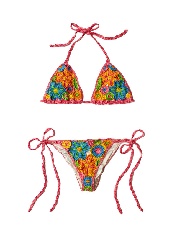 Crochet Rainbow Millefiori Bikini Top - Coral