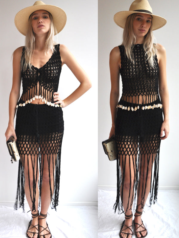 Anna Kosturova As seen on Gwen Stefani! Handmade crochet skirt in mesh stitch with fringe hem detail. Unique and striking festival look.