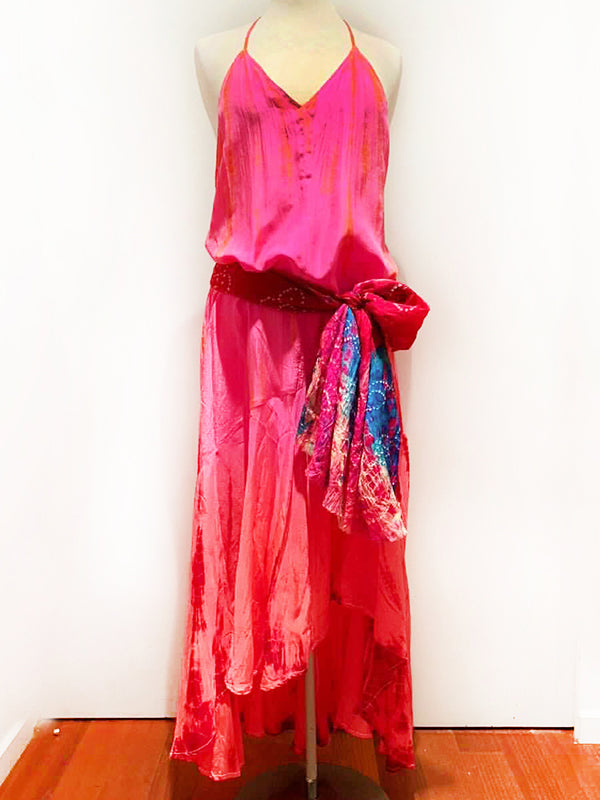 Silk T-Strap Maxi Dress - Neon Fire
