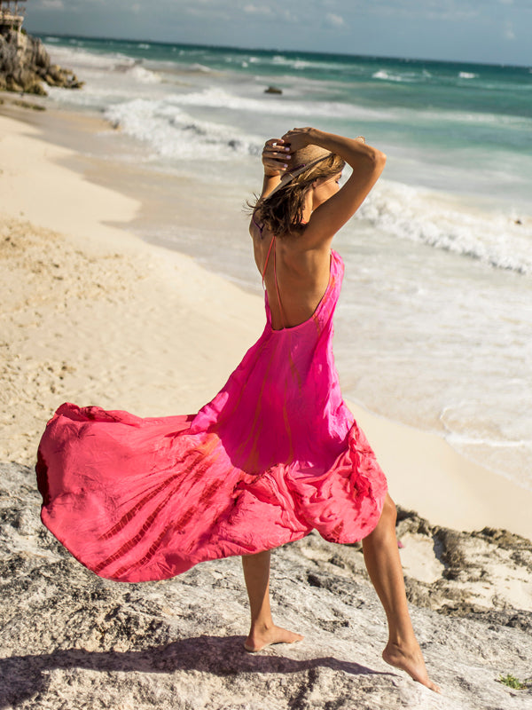 Silk T-Strap Maxi Dress - Neon Fire