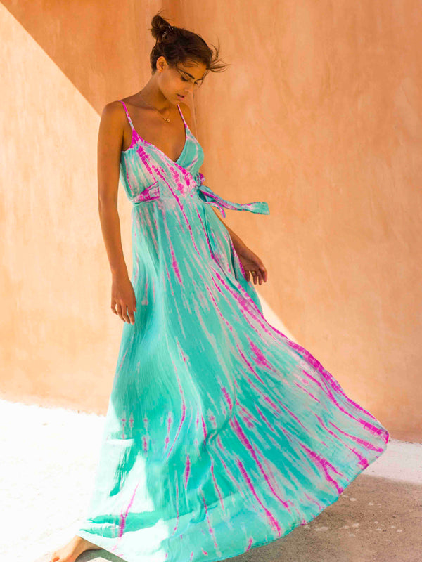 Women's Silk Dress, Tie-Dye Wrap Slip Maxi Dress