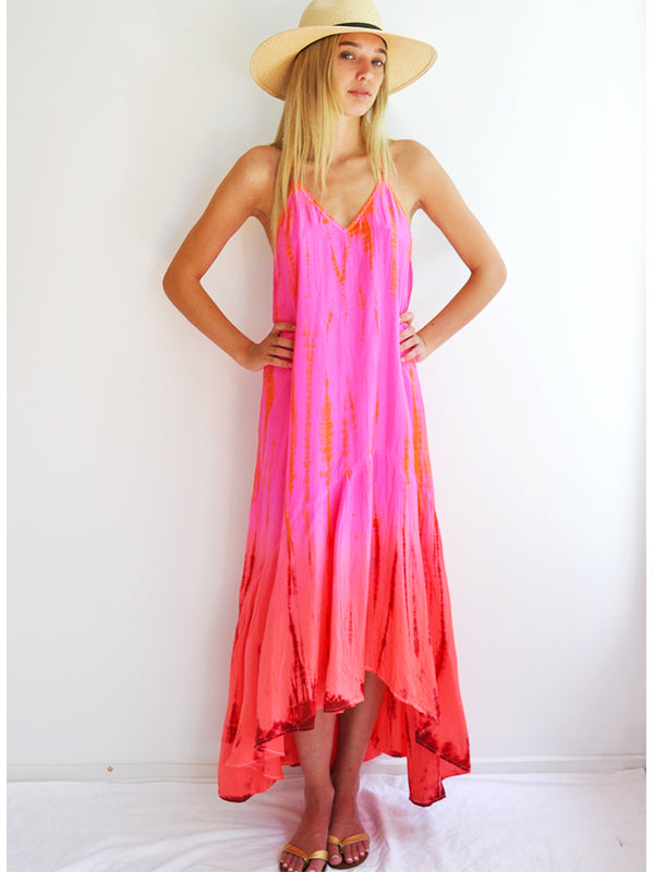 Silk T-Strap Maxi Dress - Neon Fire