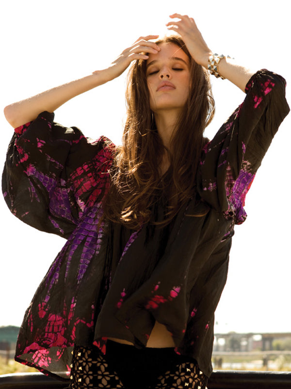 Silk Tie-Dye Billowy Sleeve Top - Neon Night