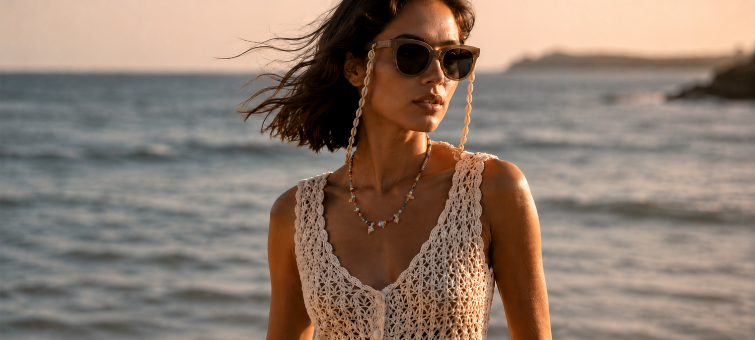 Anna Kosturova Sunglass shell chain worn handmade crochet Gypsy top and skirt with  