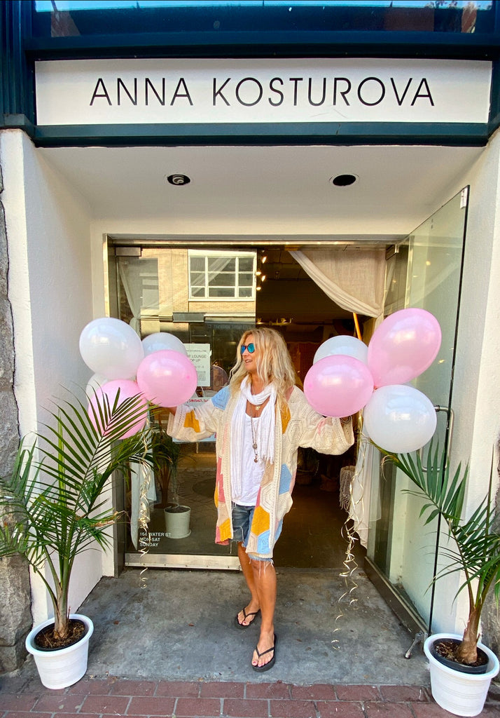 Anna Kosturova at her poup in Gastown Vancouver wearing crochet patchwork kimono