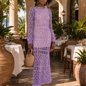 Step into timeless elegance with our handmade crochet Bianca Dress, meticulously crafted in our signature lacy crochet stitch. Drawing inspiration from the jet-setting style of Bianca Jagger, this dress exudes sophistication and grace. Featuring a chic boatneck neckline and long sleeves in a charming lilac hue, it effortlessly blends classic charm with contemporary flair. Elevate your wardrobe with this exquisite piece, perfect for any special occasion or evening affair. Embrace your inner fashion icon with