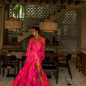 Anna_Kosturova_Magenta Tangerine Tiedye color Silk Long Anna_Kosturova_Sleeve Wrap Dress - Magenta Tangerine