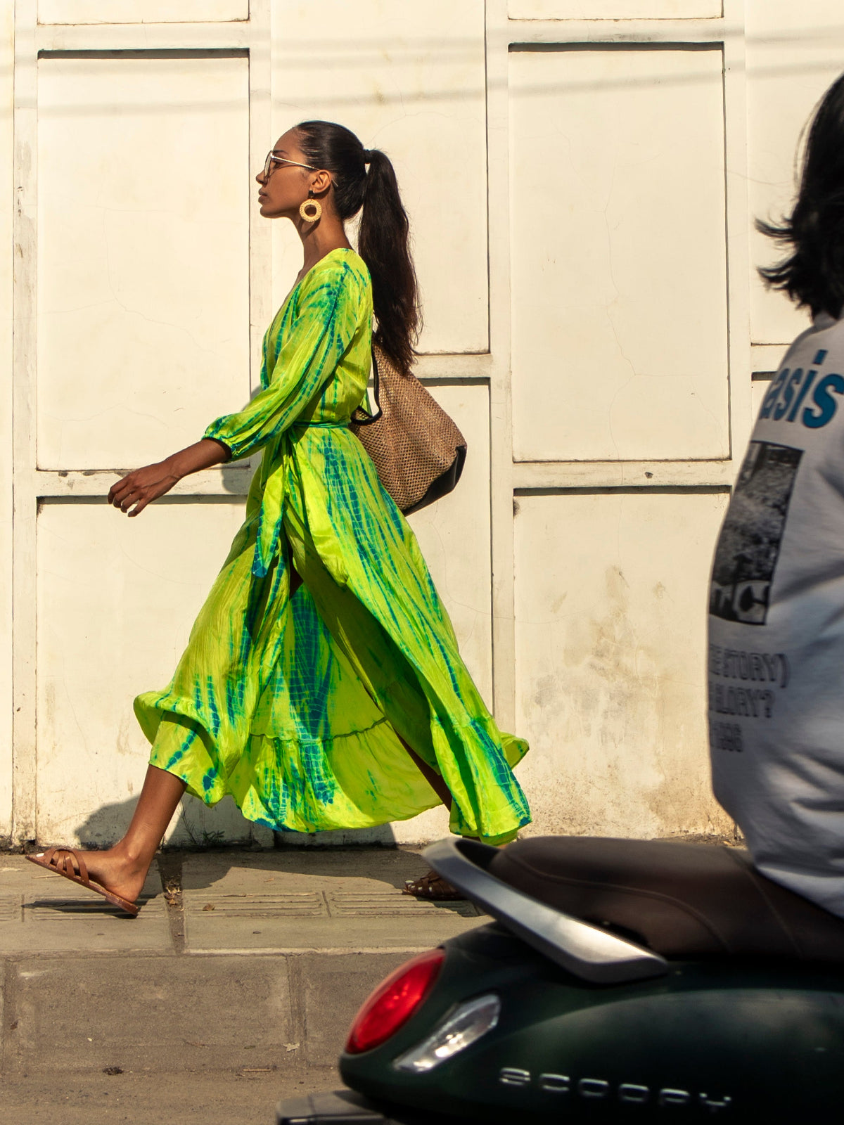 Anna_Kosturova_Silk Billowy Sleeve Midi Wrap Dress - Chartreuse Emerald