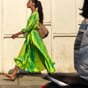 Anna_Kosturova_Silk Billowy Sleeve Midi Wrap Dress - Chartreuse Emerald