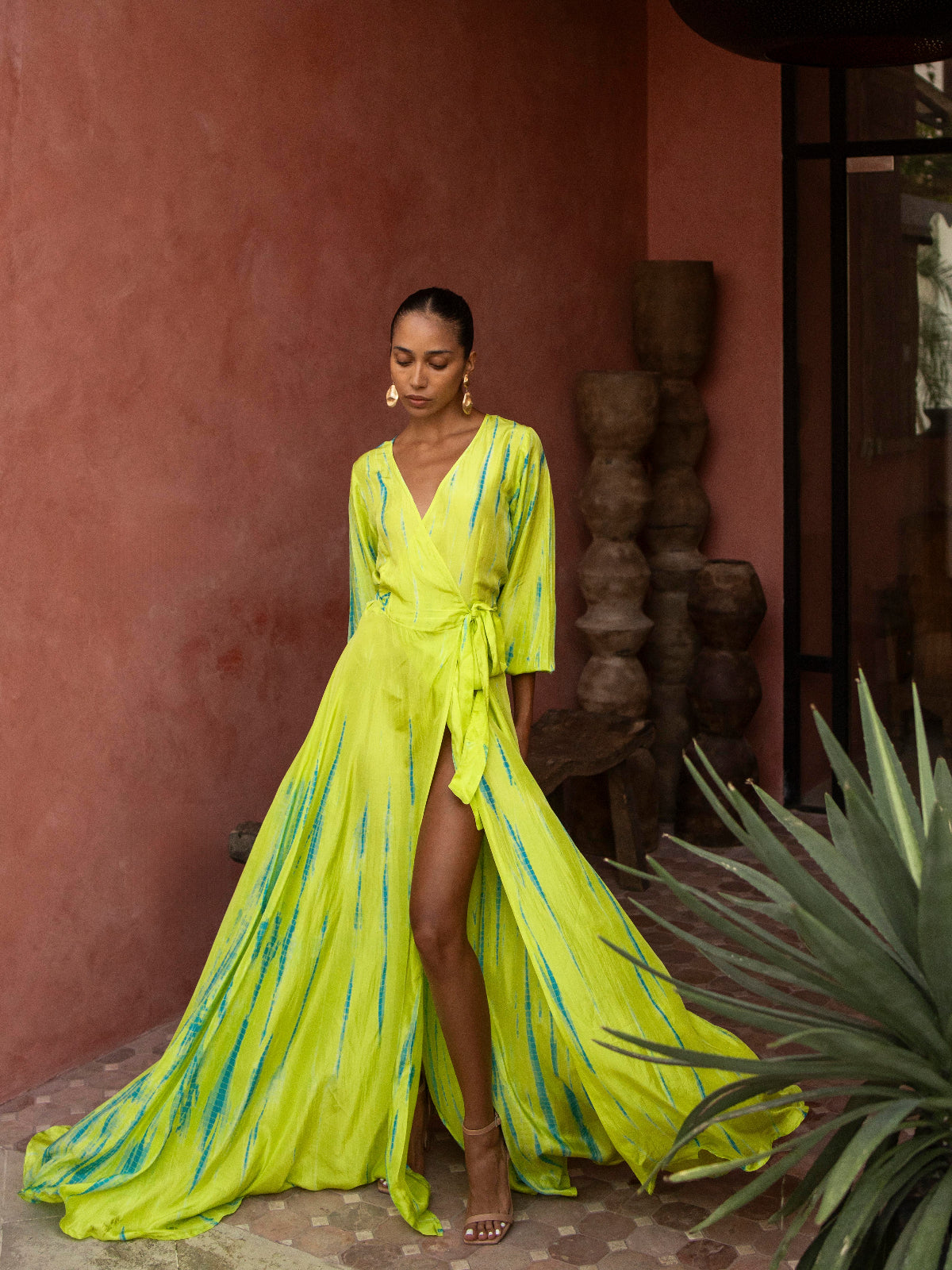Anna Kosturova | Silk Long Sleeve Wrap Dress Chartreuse Emerald| Tie Dye