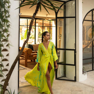 Anna Kosturova | Silk Long Sleeve Wrap Dress Chartreuse Emerald| Tie Dye