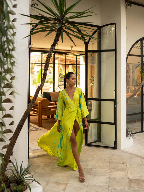 Anna Kosturova | Silk Long Sleeve Wrap Dress Chartreuse Emerald| Tie Dye -  annakosturova