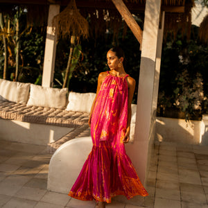 Anna_Kosturova_Silk Tie-Dye Sash Maxi Dress - Magenta Tangerine