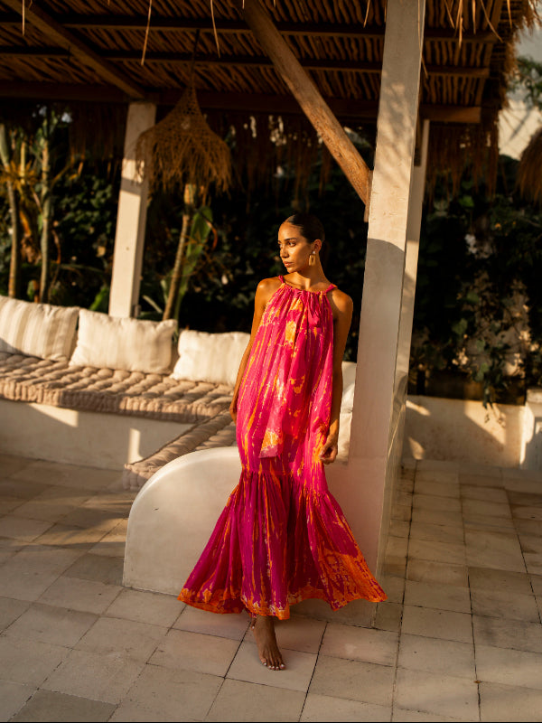 Anna_Kosturova_Silk Tie-Dye Sash Maxi Dress - Magenta Tangerine