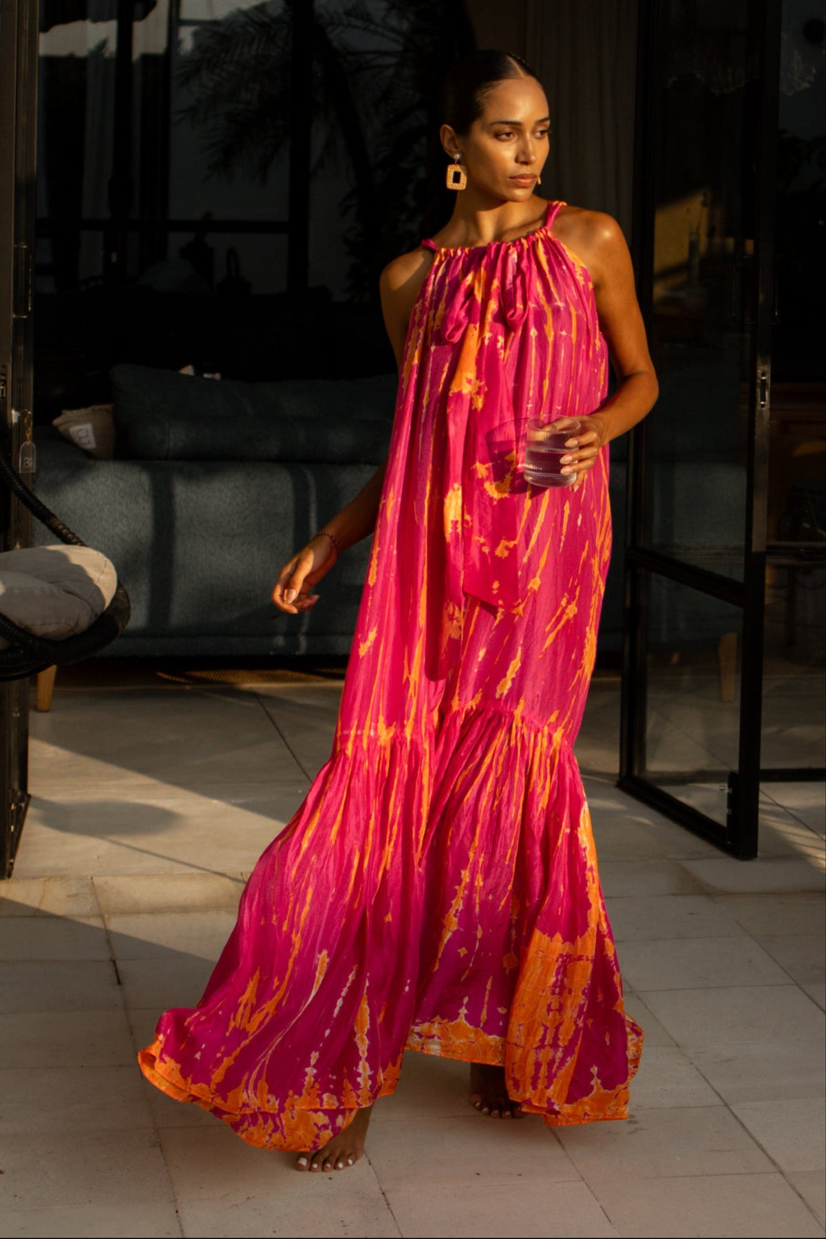 Anna_Kosturova_Silk Tie-Dye Sash Maxi Dress - Magenta Tangerine