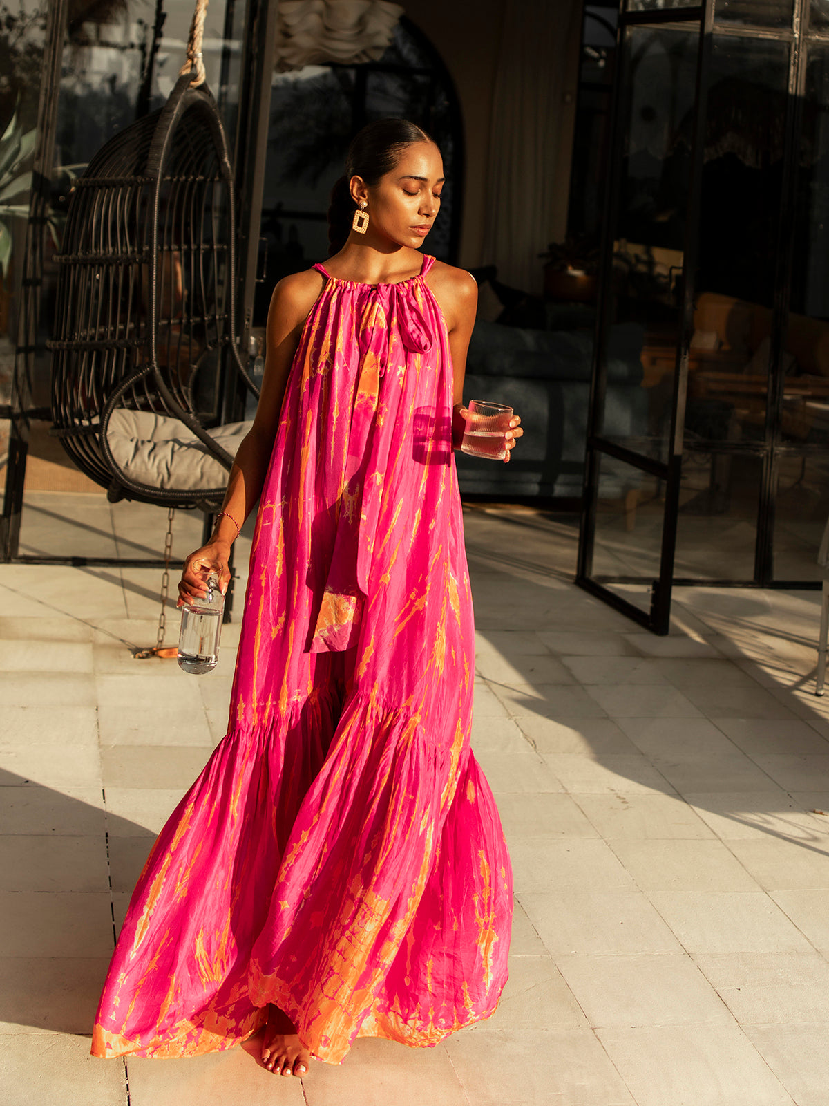 maxi dress magenta Silk Tie-Dye Sash Maxi Dress