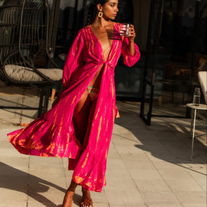 Anna Kosturova Tia Silk Wrap Midi Dress - Magenta Tangerine