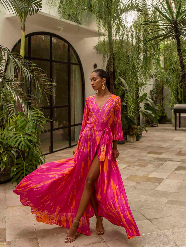 magenta dress long for Flower Girls with Train length gown features a chic asymmetric one Mermaid Magenta V neck Spaghetti