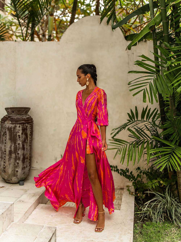 Anna Kosturova | Silk Long Sleeve Wrap Dress Fuchsia Orange | Tie Dye
