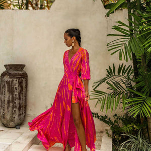 Anna Kosturova | Silk Long Sleeve Wrap Dress Fuchsia Orange | Tie Dye -  annakosturova