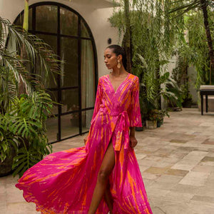 silk maxi dress with sleeves Anna Kosturova | Silk Long Sleeve Wrap Dress Fuchsia Orange | Tie Dye