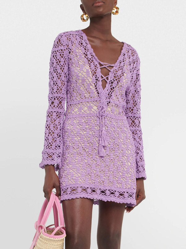 beaded crochet mini dress in lilac Desert Nights Crochet Lace Trim Tied Back Sun Dress Lilac