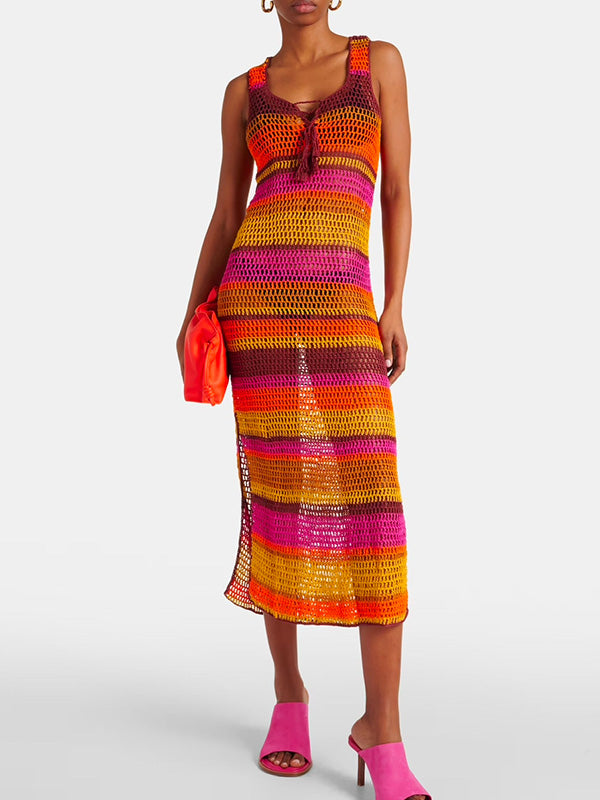 tropical print crochet maxi dress Tropical Print Crochet Waist Slit Maxi Dress Merisell