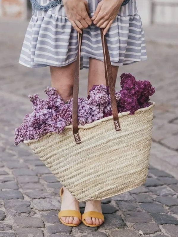 French Market Basket Bag - Long Leather Handles - annakosturova