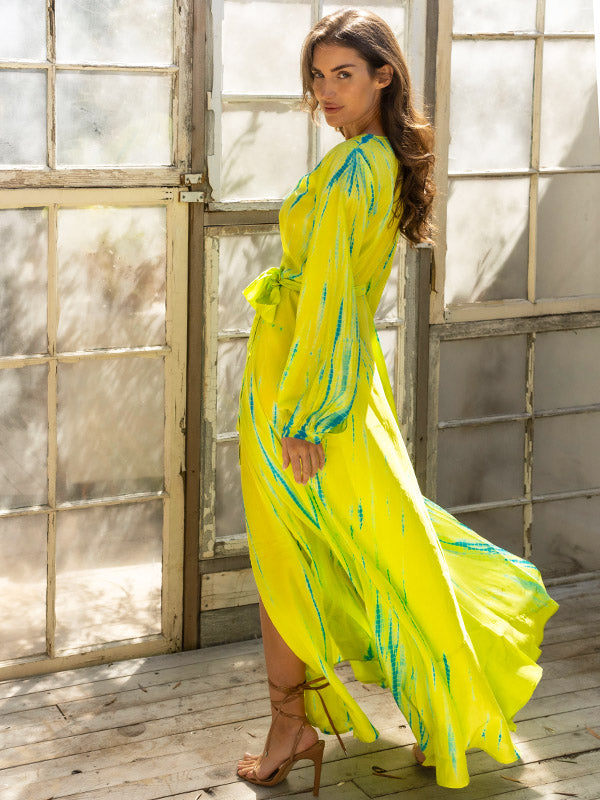 Anna Kosturova | Silk Long Sleeve Wrap Dress Chartreuse Emerald| Tie Dye - annakosturova Anna Kosturova | Silk Long Sleeve Wrap Dress Chartreuse Emerald| Tie Dye - annakosturova