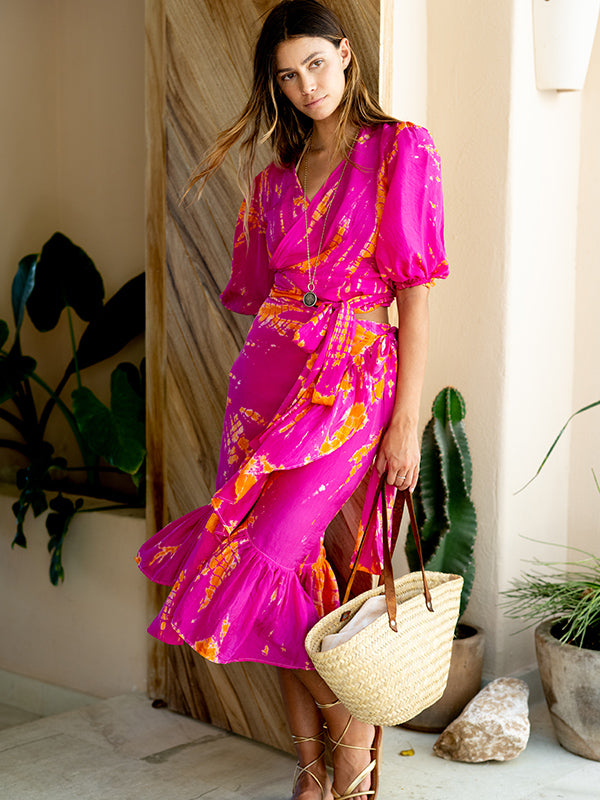 Women's Silk Dress, Tie-Dye Wrap Slip Maxi Dress