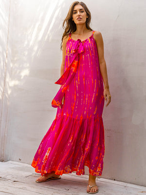 Silk Tie-Dye Sash Maxi Dress - Magenta Tangerine