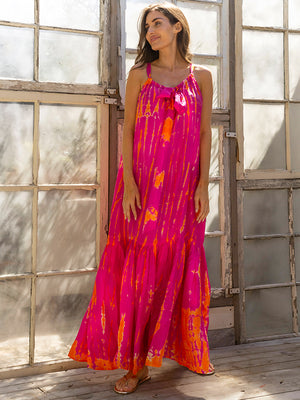 Silk Tie-Dye Sash Maxi Dress - Magenta Tangerine