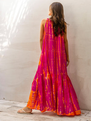 Silk Tie-Dye Sash Maxi Dress - Magenta Tangerine