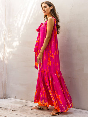 Silk Tie-Dye Sash Maxi Dress - Magenta Tangerine