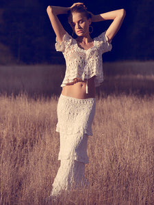 Anna Kosturova  Vintage lace handmade crochet crop top with scalloped hem. Angel wing sleeve. 