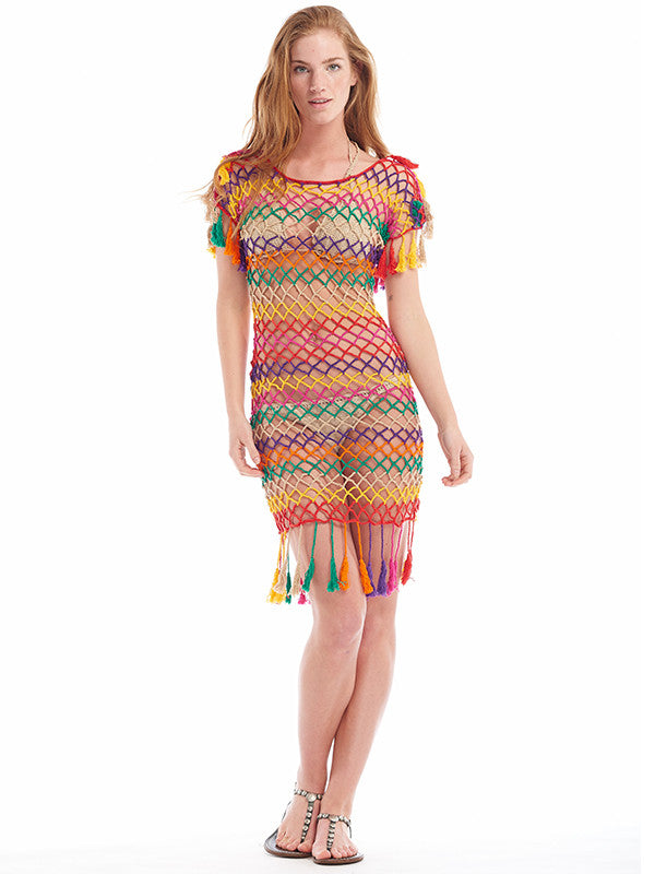 Women's Crochet Dress | Red Stripe Mesh Dress | Anna Kosturova