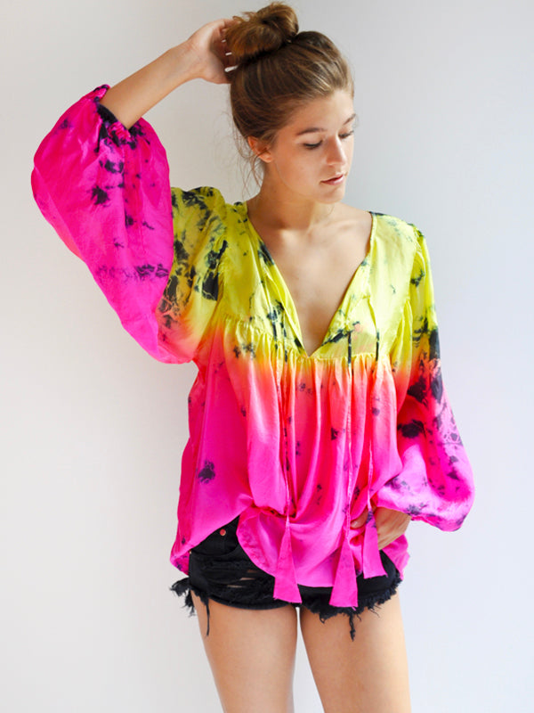 Silk Tie-Dye Billowy Sleeve Top - Astral Neon