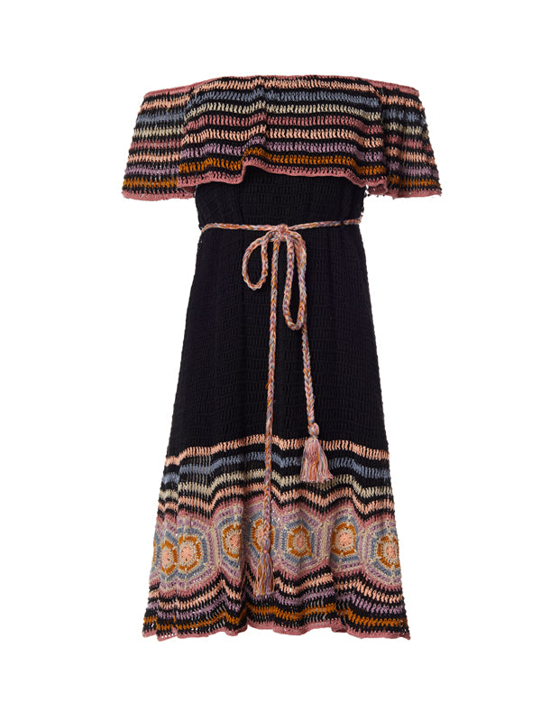Crochet Carmen Off-Shoulder Mini Dress - Black - annakosturova