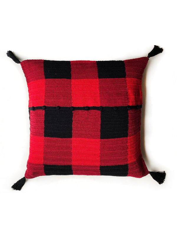 Buffalo Plaid Gingham Crochet Cushion Cover with Tassels