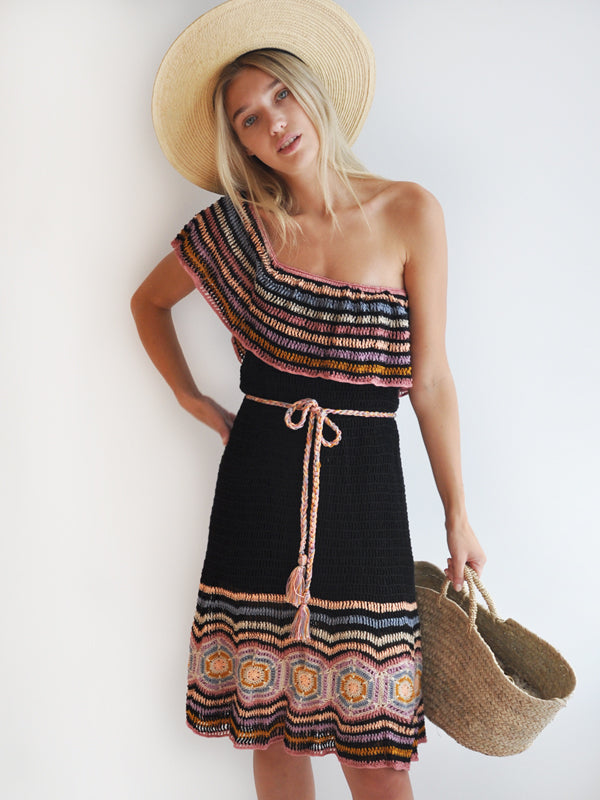 Crochet Carmen Off-Shoulder Mini Dress - Black - annakosturova Crochet Carmen Off-Shoulder Mini Dress - Black - annakosturova