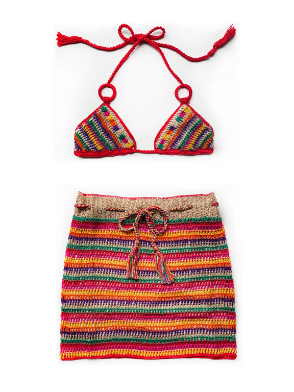 Crochet Red Stripe Mini Skirt