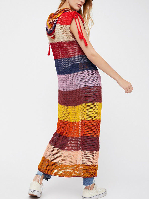 Women's Crochet Vest | Marsala Stripe Hood Maxi Vest | Anna Kosturova - annakosturova Women's Crochet Vest | Marsala Stripe Hood Maxi Vest | Anna Kosturova - annakosturova