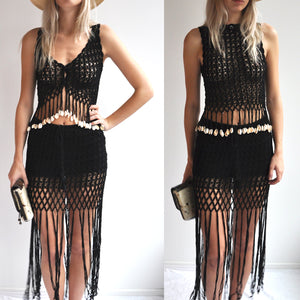 Anna Kosturova As seen on Gwen Stefani! Handmade crochet skirt in mesh stitch with fringe hem detail. Unique and striking festival look. 